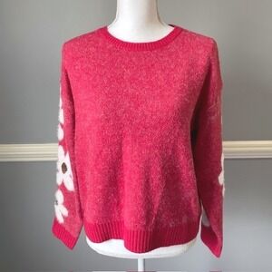 Pink Floral Sleeve Knit Sweater Women's Medium Fuzzy Soft Pullover Soft Girl